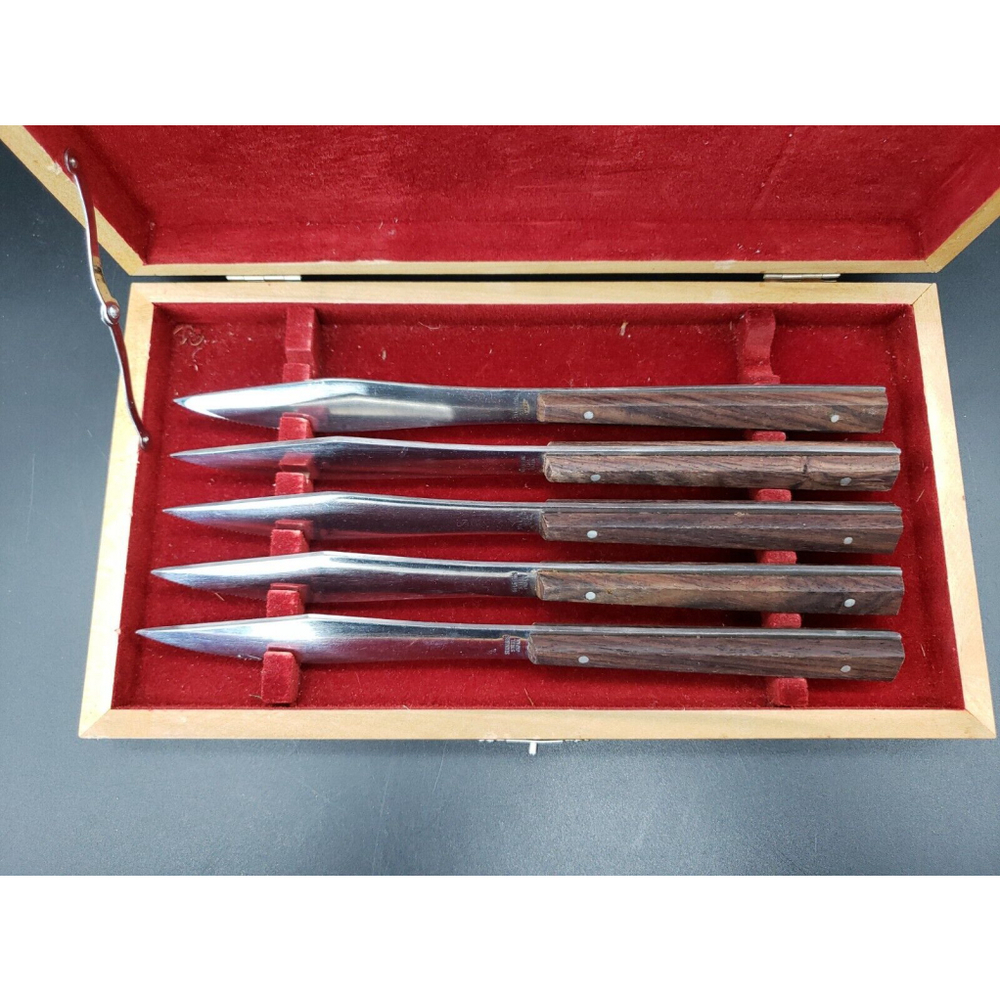 Vintage Mid Century Modern MCM 5 Wood Handle Steak Knife Set - Picture 3 of 12